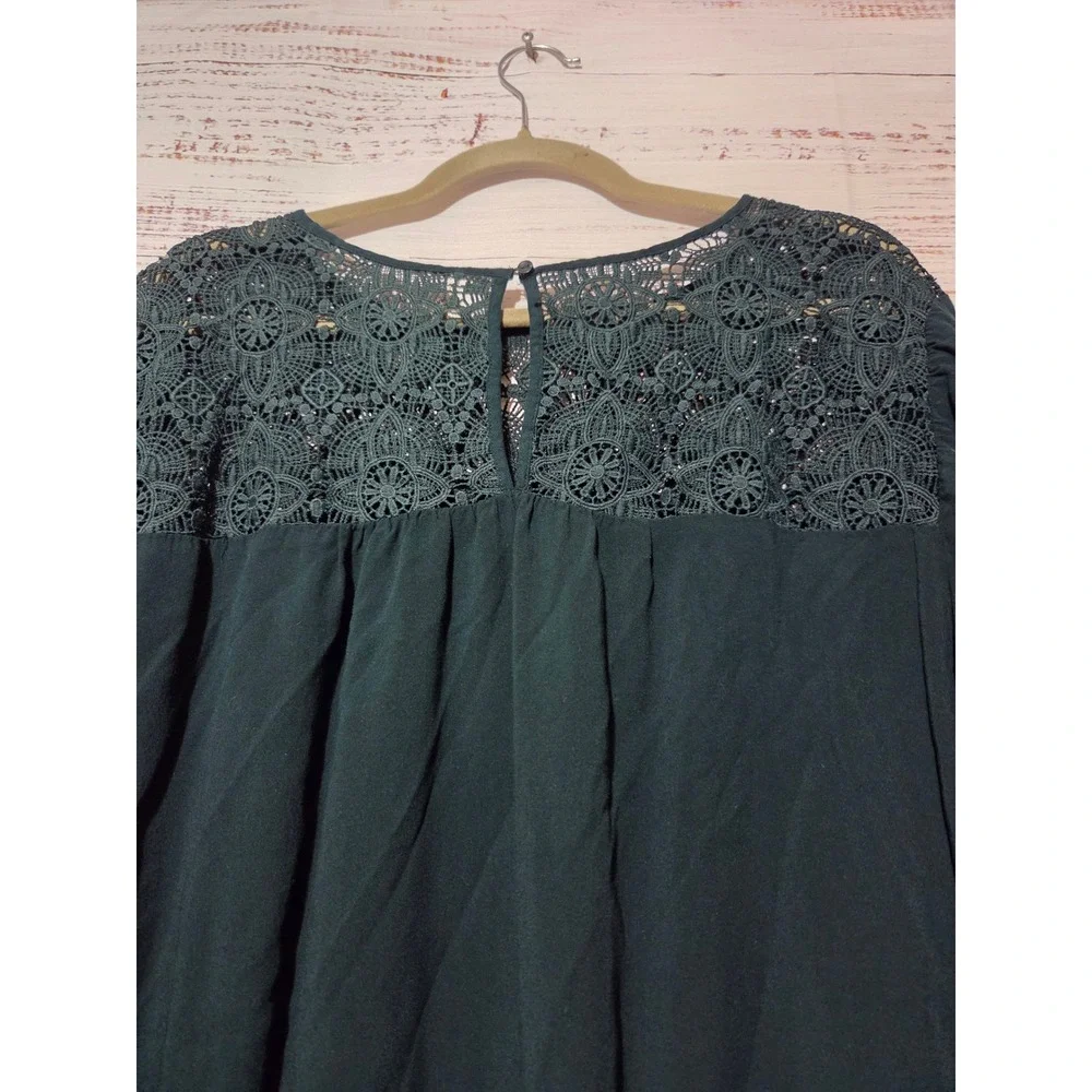Old Navy Womens XL Forest Green Crochet Lace Yoke Long Sleeve Rayon Blouse Top